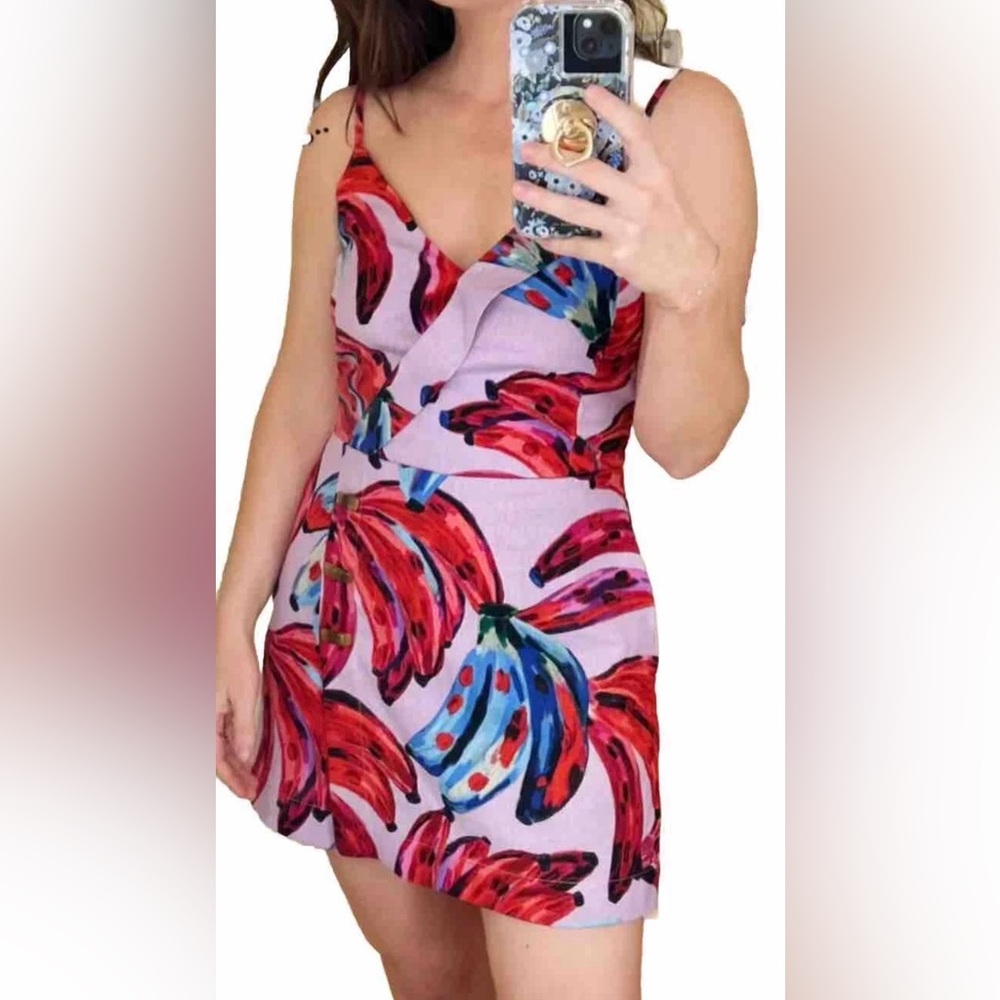House of Harlow 1960 Women's Linen Blend Banana Print Shorts Jumpsuit